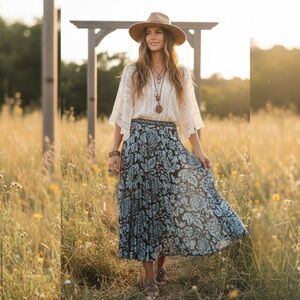 Soft Surroundings Floral Boho Velvet Sz 10 Damask Ornate Pleated M Midi Skirt